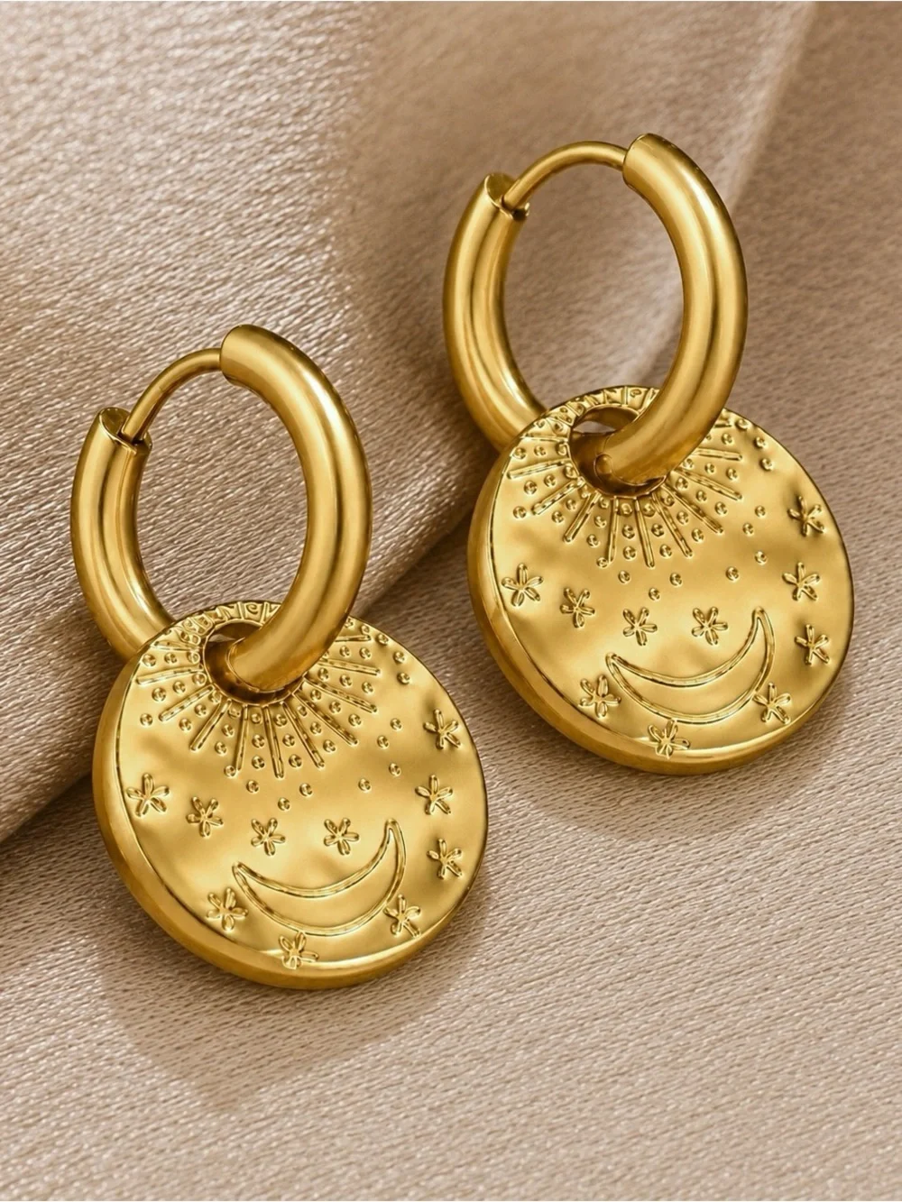 “Exist by the Sun, Love by the Moon” Celestial Engraved Dots Gold Stainless Hoop